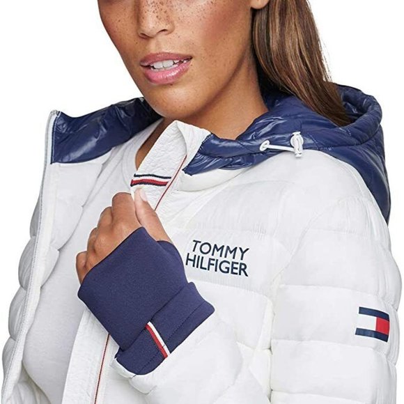 Tommy Hilfiger Womens Packable Hooded Puffer Jacket White Navy Blue Size Large - Picture 7 of 11